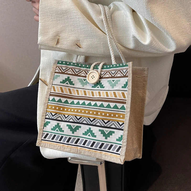 Bolso de mano de lino con patrón de flores para mujer, bolsa de diseñador de moda, bolso de compras conveniente de gran capacidad, bolsa de almacenamiento de comestibles de viaje