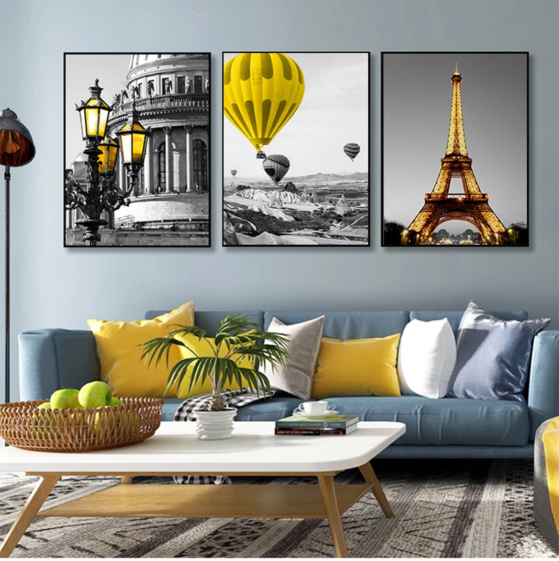 Black And White Landscape Nordic Canvas Painting Set Art Yellow Scenery Wall Picture For Living Room Decoration Poster And Print