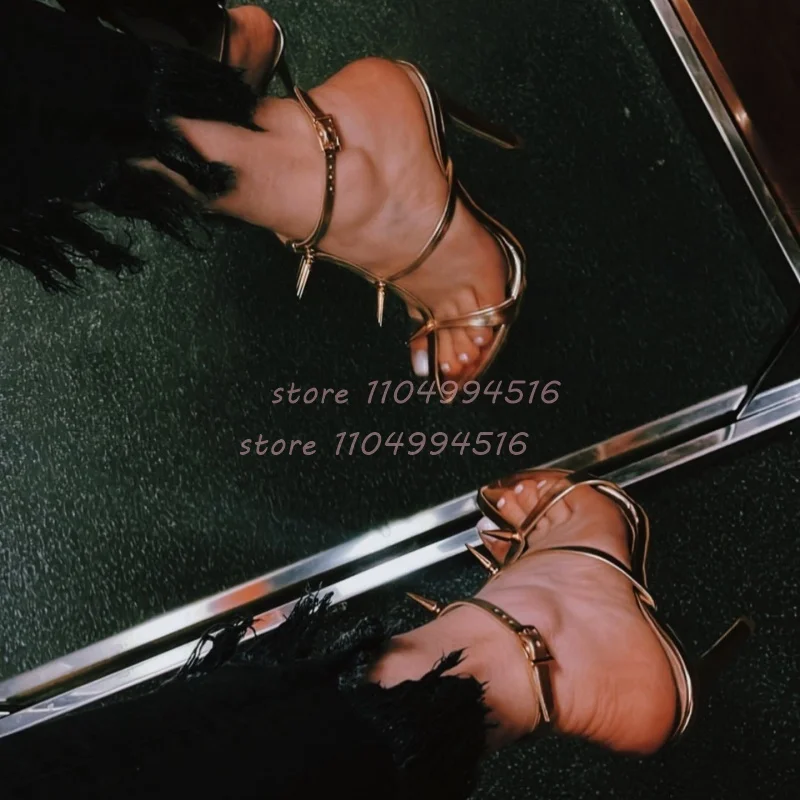 الذهب المسامير T-حزام Slingback رقيقة عالية الكعب النساء المفتوحة تو مشبك حزام الصنادل جوفاء موضة العصرية صنادل طراز جلاديتور الحفلات #1