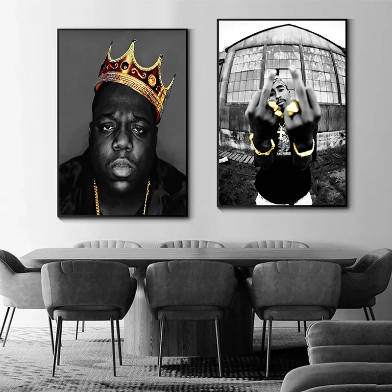 Rapper Canvas Print Painting The Notorious B.I.G with A Gold Crown Posters 2PAC,BIG Black and White Wall Art Pictures Home Decor