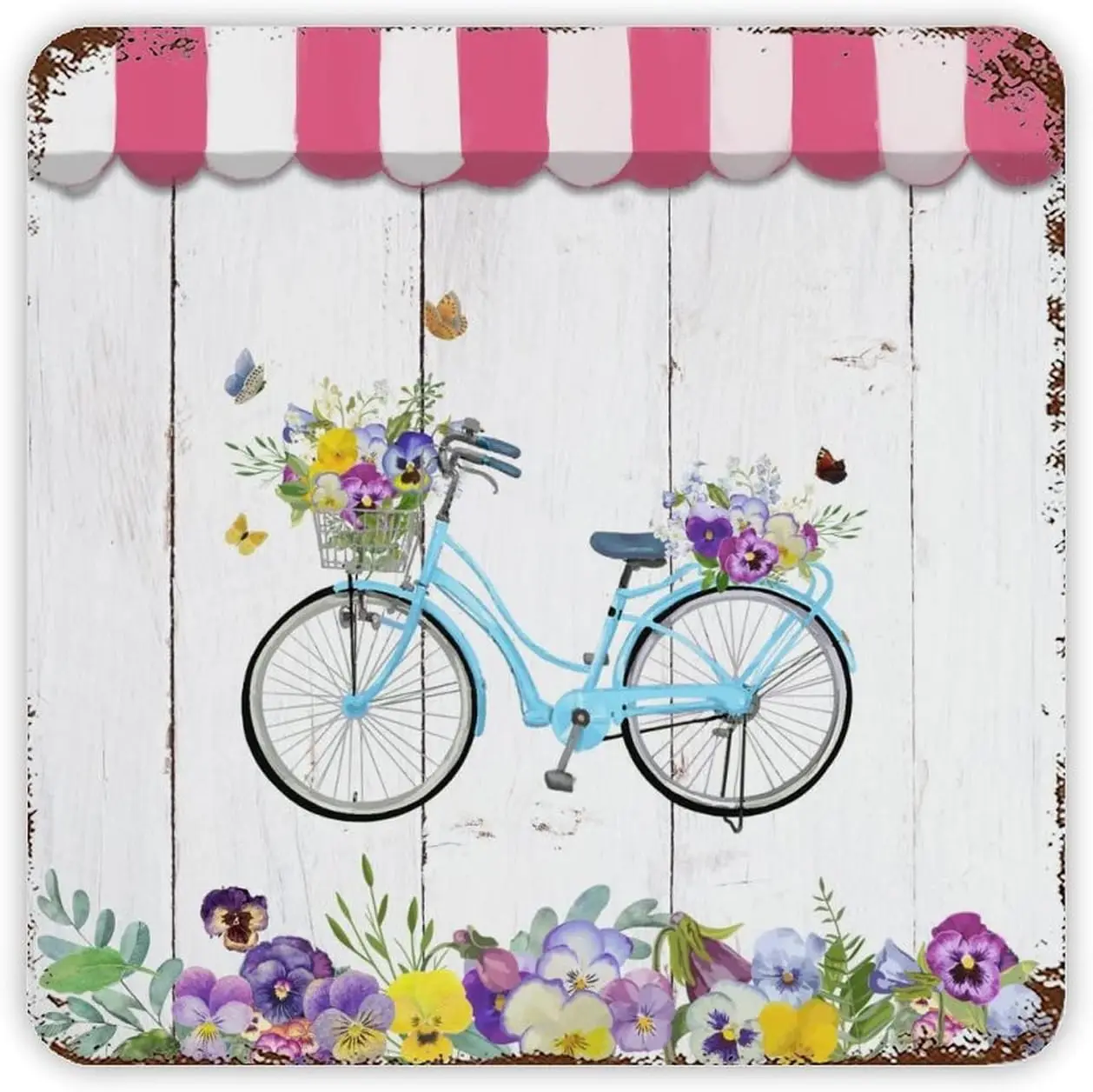 Bike with Basket and Flowers Tin Sign Blue Bicycle Pansy Metal Plaque Rust Style Iron Poster Painting Graduation Gift