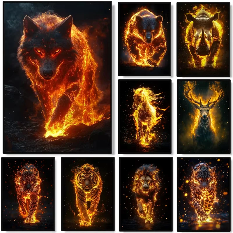 Majestic Animals in Flames Poster Fiery Tiger Wolf Lion Leopard Bear Rhino Deer Canvas Painting Wall Art Living Room Home Decor