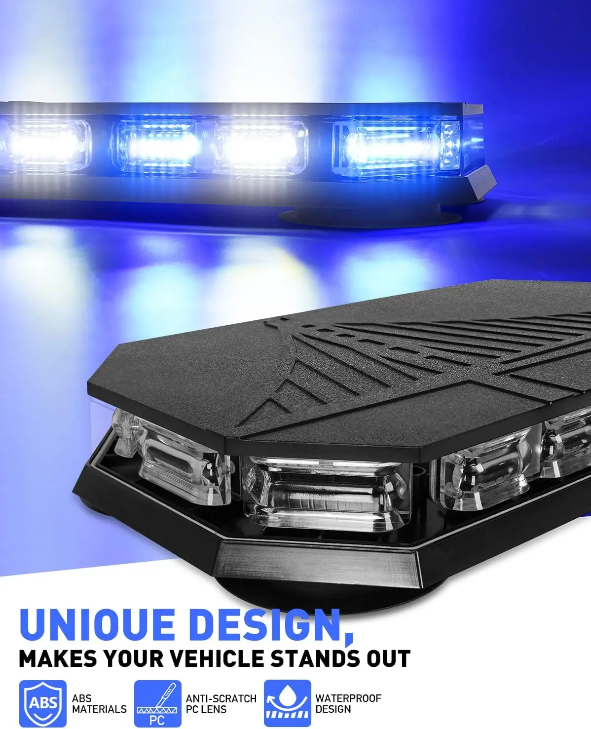 Rooftop Emergency Strobe Light Bar 102 LED Blue White Mini Beacon Safety Flashing Warning 12-24V Magnetic Base - view 2