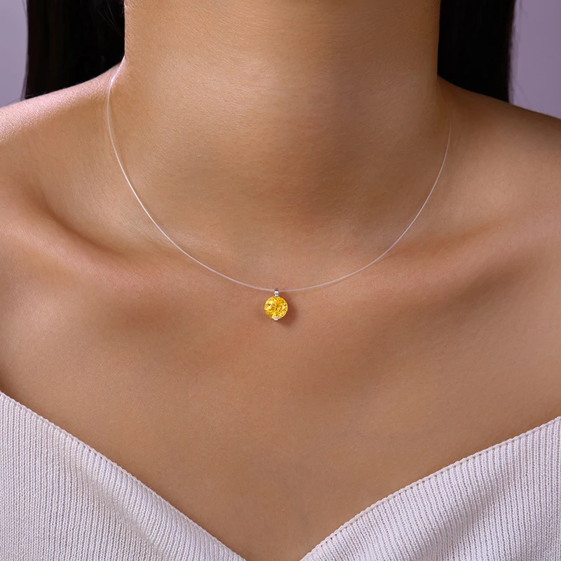 

JIUZUAN 05/1/2/3ct Round Citrine Pendant Necklace S925 Silver Invisible Wire Minimalist Style Daily Necklace