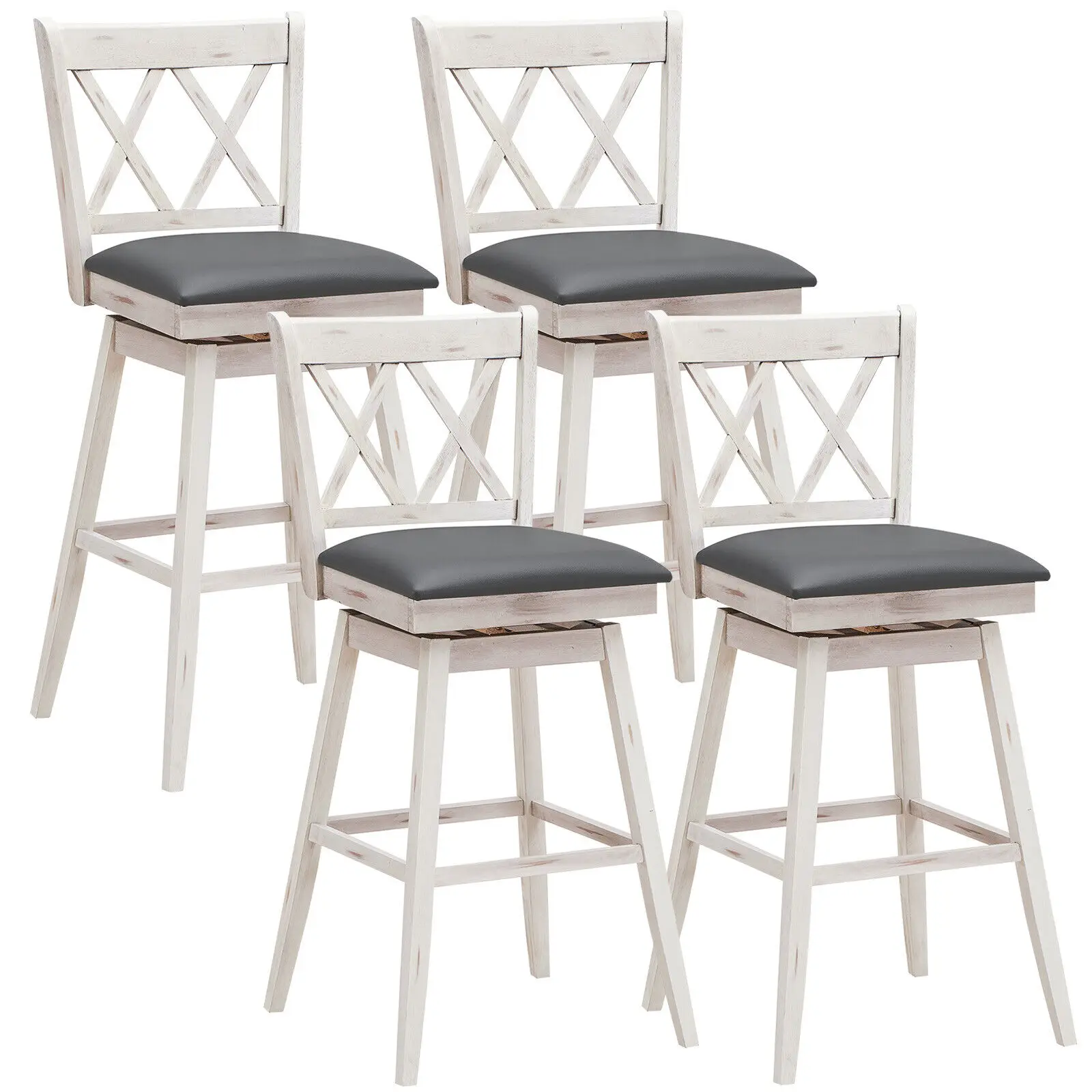 Set of 4 Barstools Swivel Bar Height Chairs with Rubber Wood Legs White/Black 2HW67487WH29