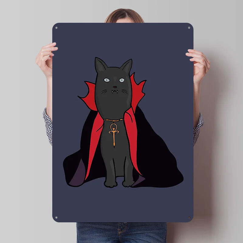 ミッドナイトヴァンパイアキャット ウィズ・ア・ケープ メタルポスター メタルサイン ウォールアート カスタムティンサイン ホームデコレーション ガレージデコレーション レトロ