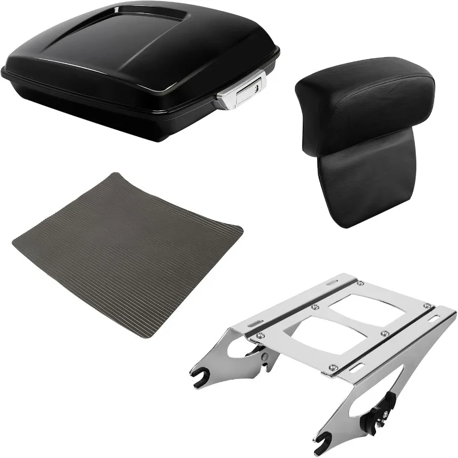 

5.5 Vivid Black Razor Trunk Luggage with Backrest Pad and Chrome Mount Rack for Harley Touring Models Including Road King Stree