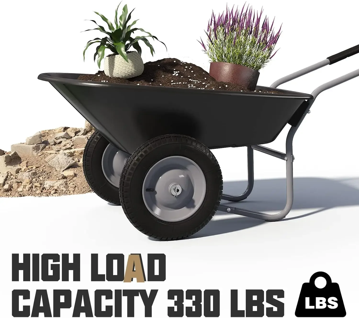 Wheelbarrow, Easy Loading and Dumping Garden Cart, Heavy Duty Utility Dump Cart for Outdoor Lawn Yard Farm Ranch, Black