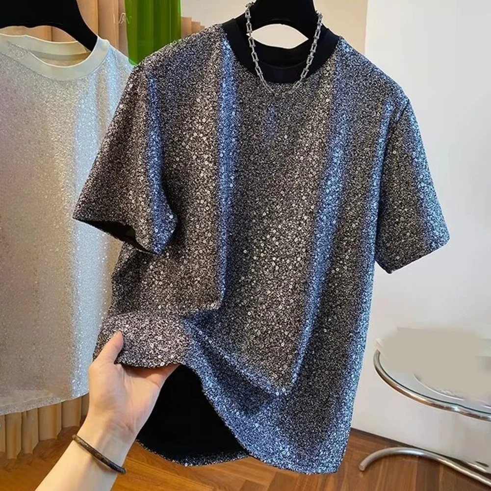 Men Summer Sequined Loose Fit Short Sleeve T Shirt Casual O Neck High Street Top For Vacation Holiday Daily Wear