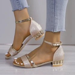 Women's Sandals 2024 Summer New Fashion Crystal Party Shoes for Women Comfortable Open Toed Thick Heel Sandals Sandalias Mujer