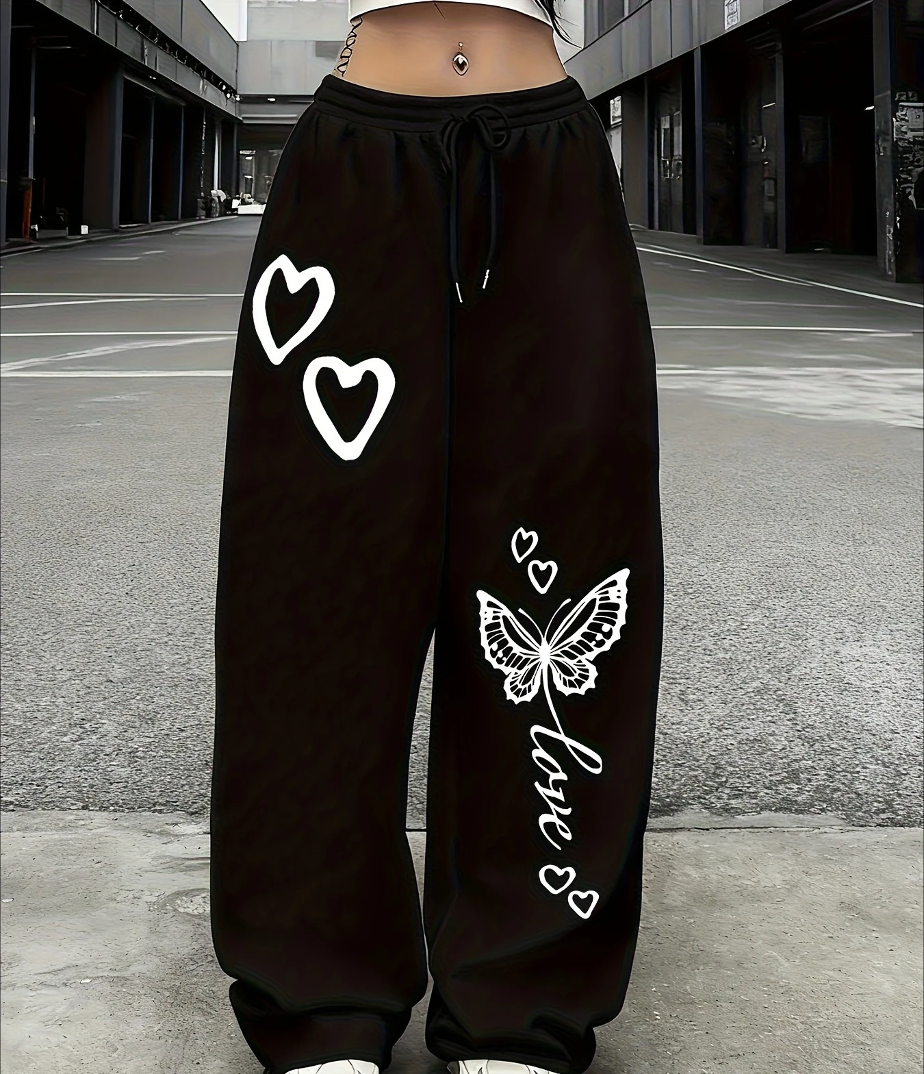Lässige Sporthose mit Schmetterlingsdruck, Kordelzug und elastischem Bund, American Casual Trend Damenhose mit geradem Bein