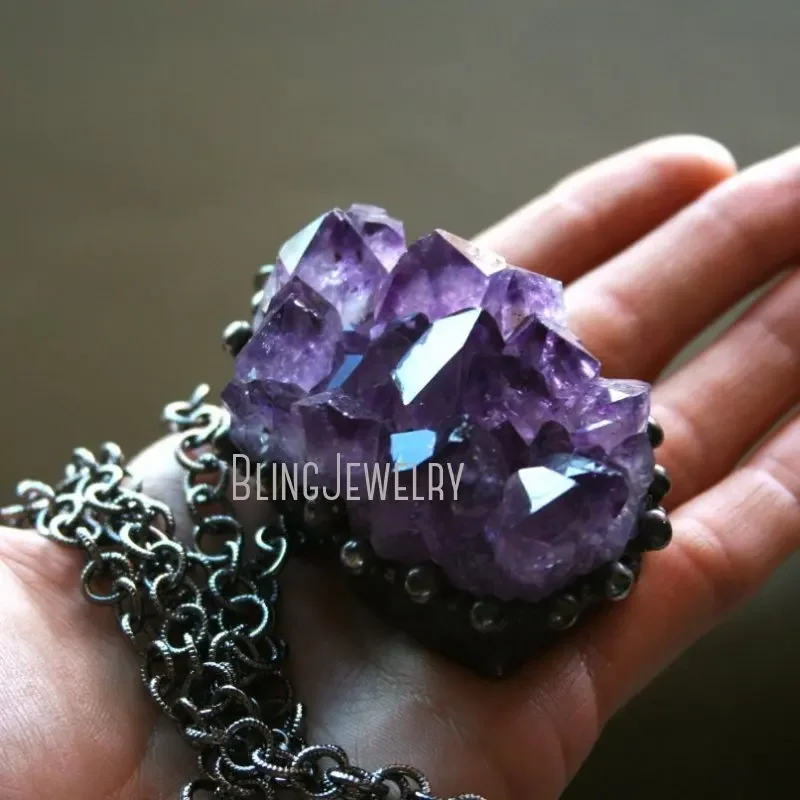 10pcs Amethyst Crystal Cluster Perndant Statement Necklace Wicca Witch Goth Jewelry Halloween Y2k Stainless Steel Boho Jewelry