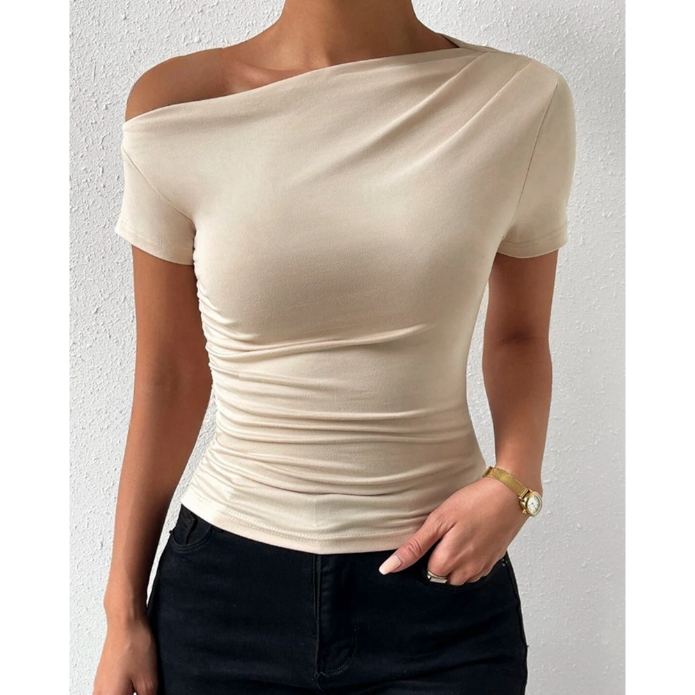 Women Skew Neck Ruched Short Sleeve Top Sexy Fashion Summer Slim Fit Casual Tee  Shirts Spring Summer Wear