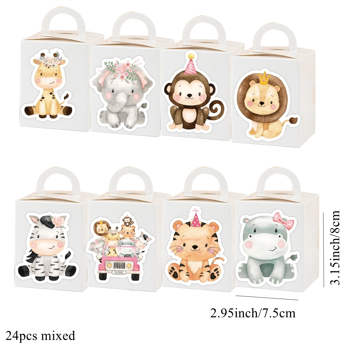 24pcs Carton Animal Stickers Candy Box Sticker for Girl\'s Jungle Safari Happy Birthday Party Decoration DIY Packaging Supply