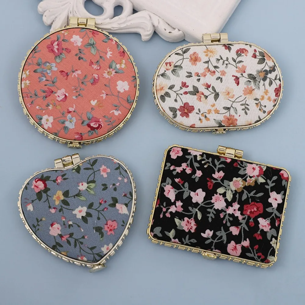 Vintage Mini Makeup Floral Mirror Foldable 4 Shapes Compact Pocket Hand Mirror Portable Cloth Cover Pocket Cosmetic Mirror