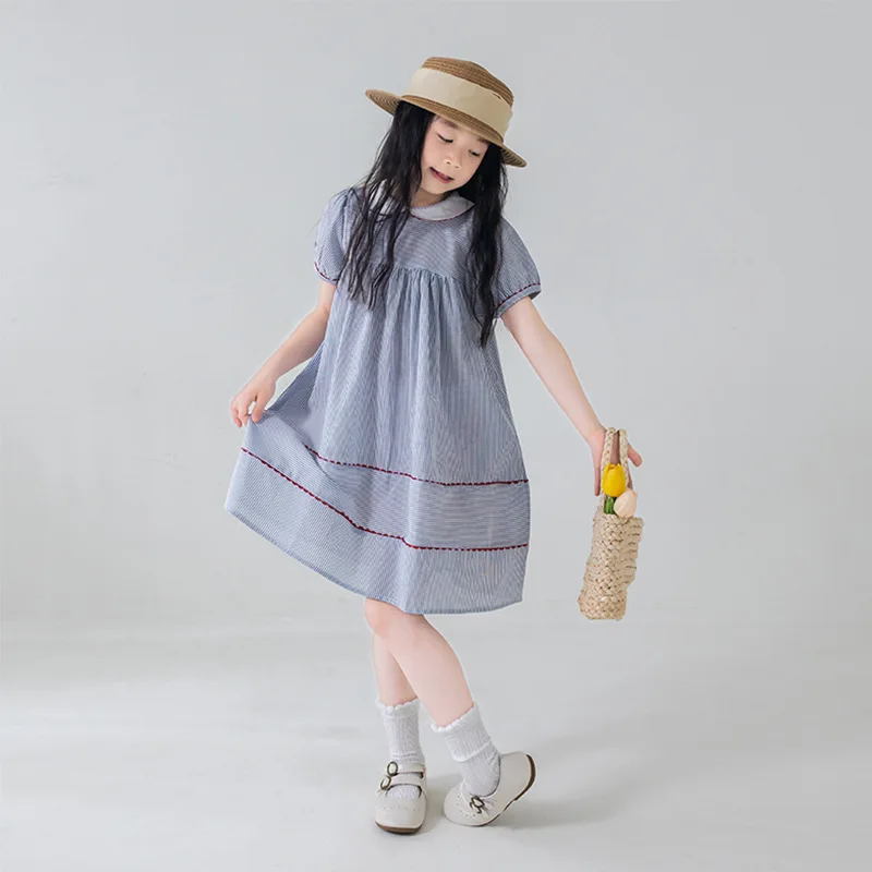 Girl's Dress Doll Neck A-line Knee Length Striped Princess Dress Summer New Style