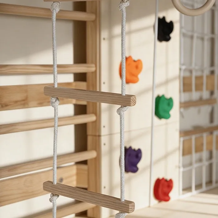 Wooden Indoor Climbing Frame, Multi-functional Workout Wall Mounted Gym Training Structure with Climbing Holds, Rope Net, Swing