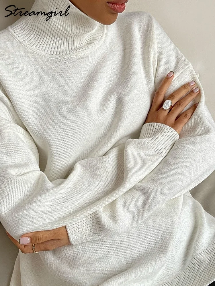 Side Split Warm Turtleneck Pullover Sweater Women Oversize Winter Top Soft Basic Green Oversized Sweater For Women Turtleneck