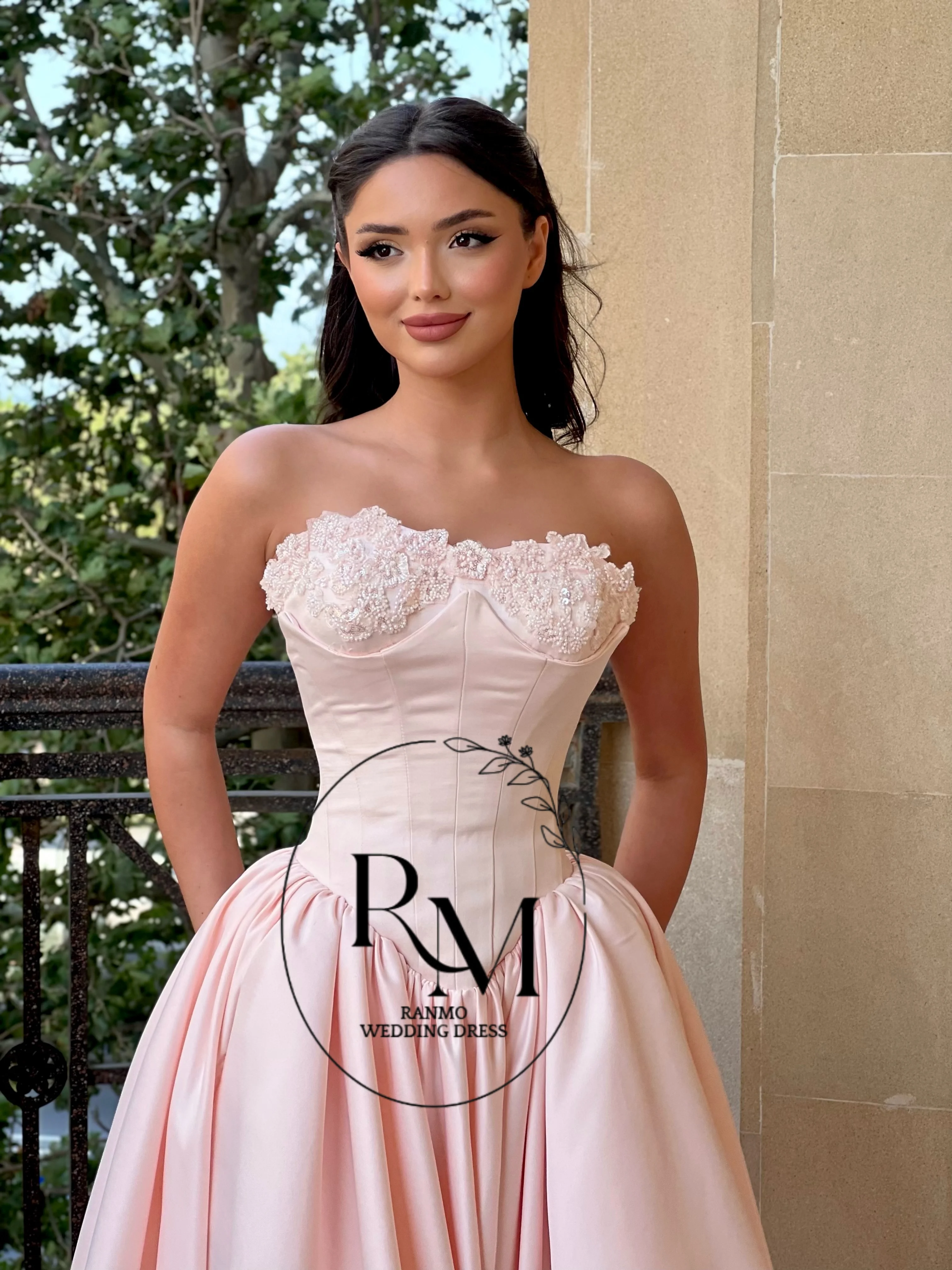 Ranmo CustomizedNew Wedding Guest Evening Dress Strapless Scalloped Floral Lace Corset Bodice High Waist Voluminous Gloss Satin view 4