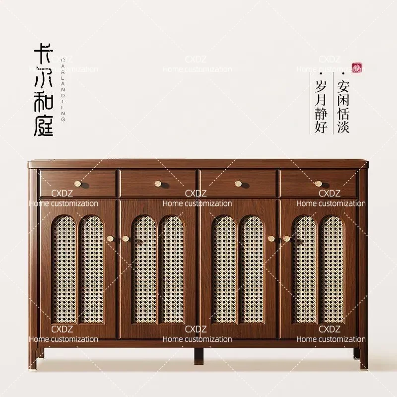 Solid Wood Shoe Cabinet Storage Rattan Integrated Wall Mounted Entrance Hallway Organizer Home Doorway Furniture 2025 New