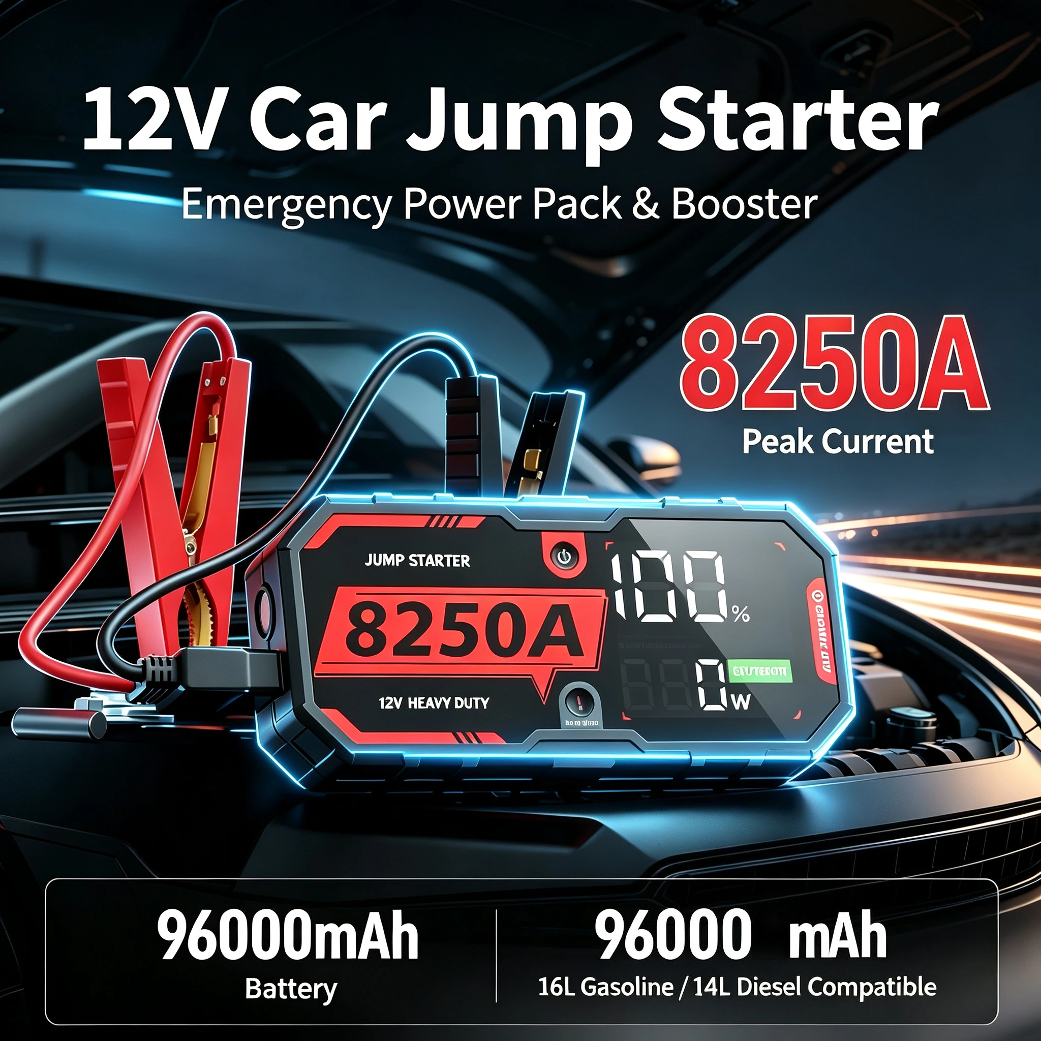 New 8250A Car Jump Starter 12V Pro Portable Booster PD65w 96000mAh Battery 13L For Emergency Booster Starting Device Power Bank