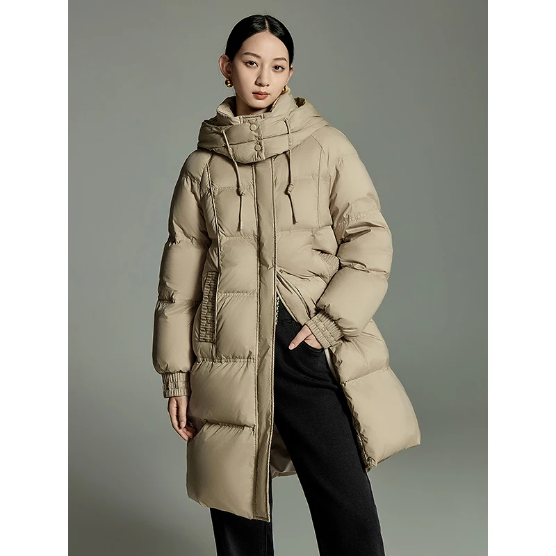 Toyouth Women Mid-length Down Jacket 2023 Winter Long Sleeve Stand Collar Loose Hooded Thick Coat Pleat Design Warm Overcoat