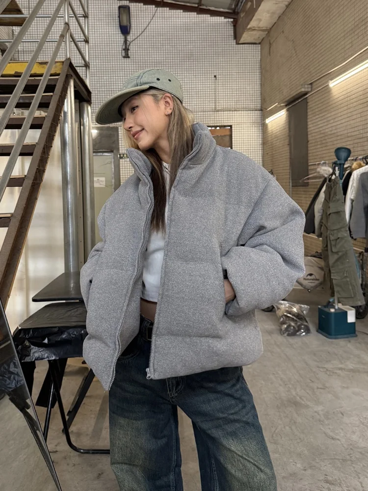 

Chuan Chuan Ya American Sle Simple Color Stand Collar Knitted Cotton Jaet Men Women Winter New Couple Bread Coat Boxy