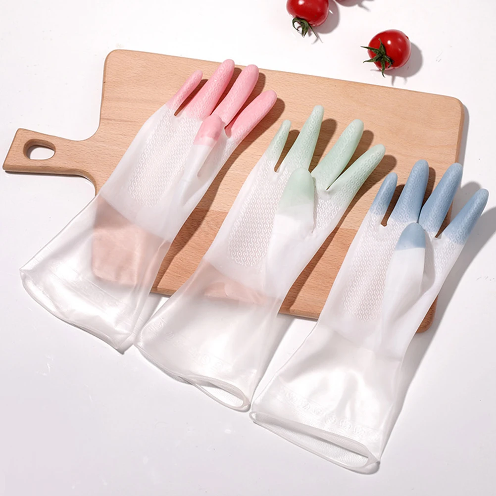 

3 Pairs Waterproof Anti-slip Gloves Scrub Cleaning Household Kitchen Dishwashing Reusable