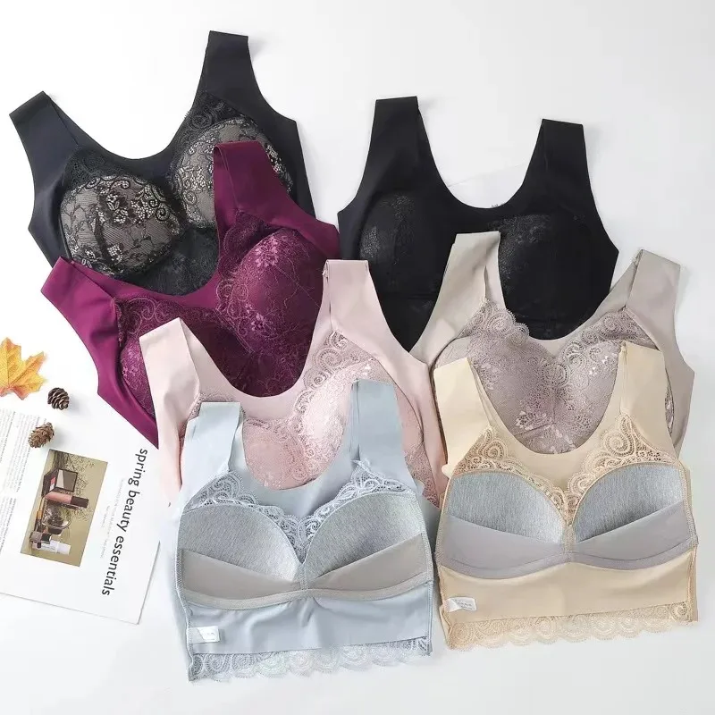 Seamless Lace Back Bralette ผู้หญิงแบบบูรณาการถ้วยบางสไตล์ขนาดใหญ่เสื้อกั๊ก Bra ไม่มีลวดรวบรวมซ่อนด้านข้างชุดชั้นในเต้านม