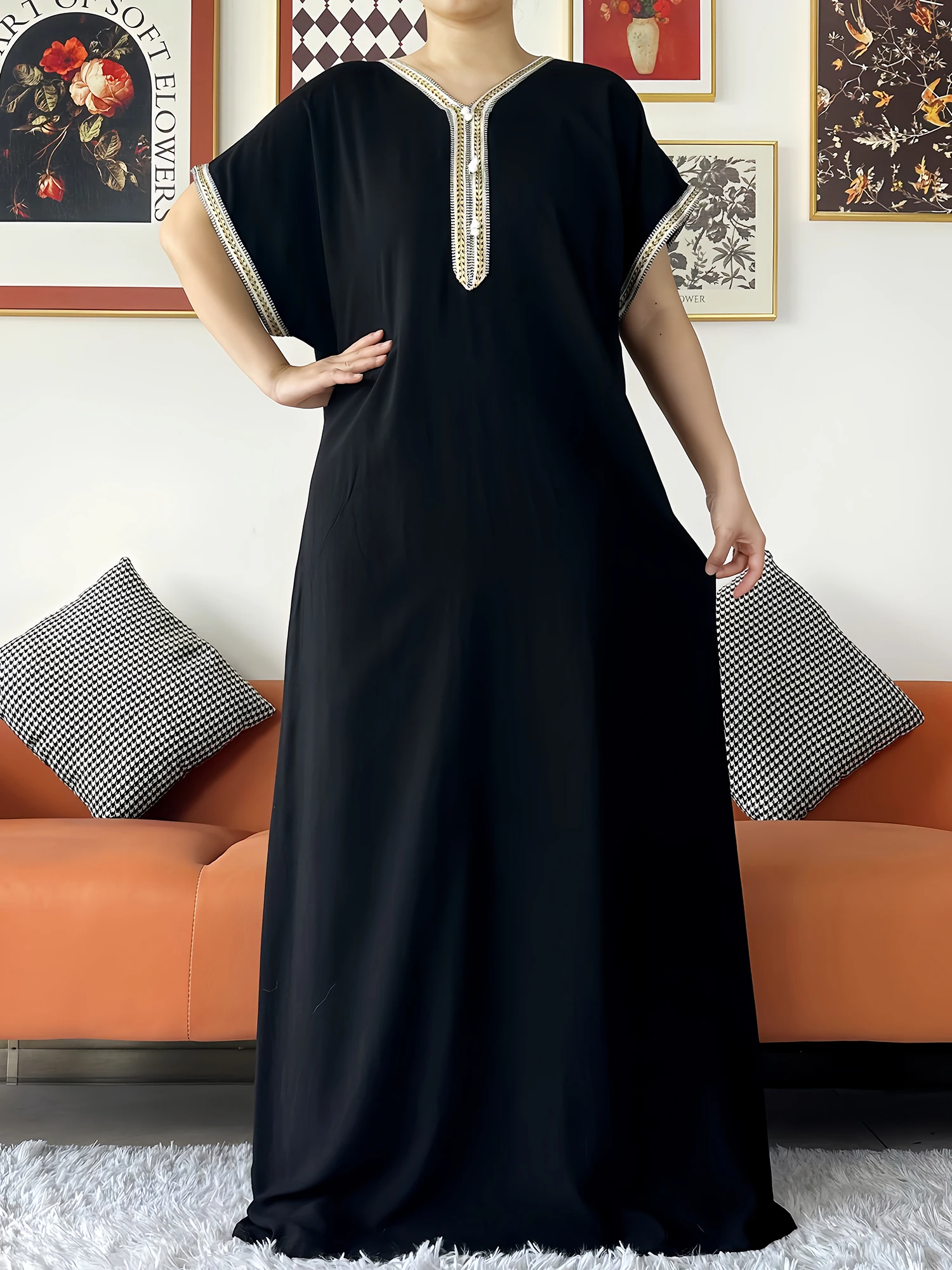 2024 Muslim Caftan Traditional short sleeve Dress Solid Cotton kaftan Beach Summer Abaya African dresses for women