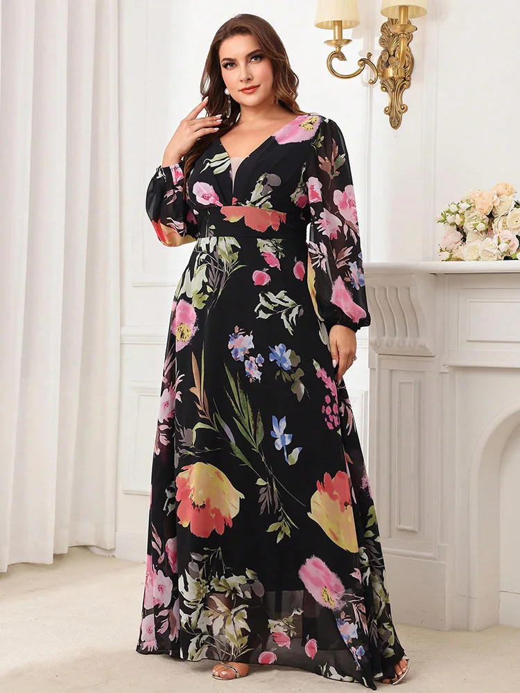 TOLEEN 2024 Neue Frauen Plus Größe Floral Bedruckte V-ausschnitt Langarm Kleid Sommer Frühling Casual Elegante Party Urlaub Maxi Kleider