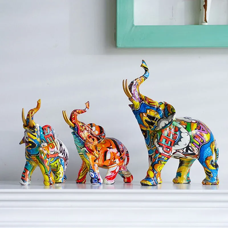 Nordic Painting Graffiti Elephant Sculpture Figurine Art Ornaments Colorful Statue Creative Resin Crafts Home Decoration Gift