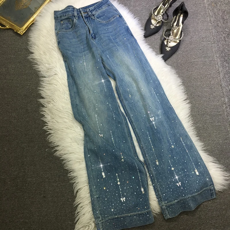 Jean droit taille haute en coton bleu clair pour fille, pantalon élastique à jambes larges, diamant chaud, industrie lourde américaine, nouvelle collection printemps été