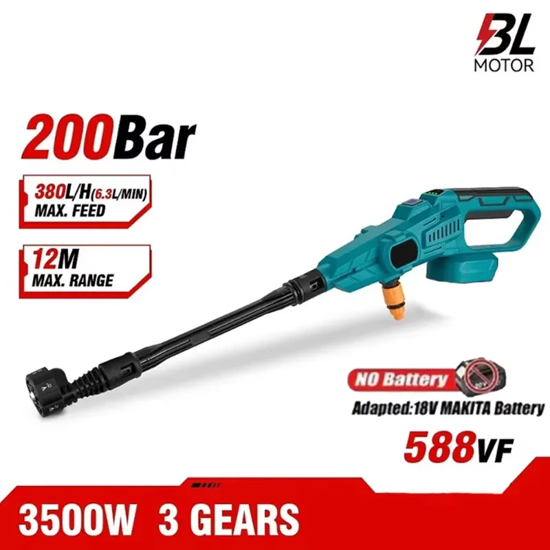

200Bar 3500W 3Gears Brushless Electric High Pressure Washer Cordless Car Washing Gun Water Gun for Makita 18V Battery