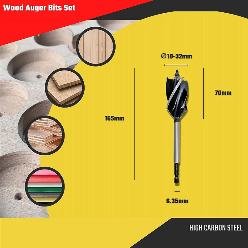 2025+ 8 Piece Drill Bit for Wood, 4-Flute Drill Bit for Soft & Hard Wood, Plastic, Drywall (10mm-32mm)