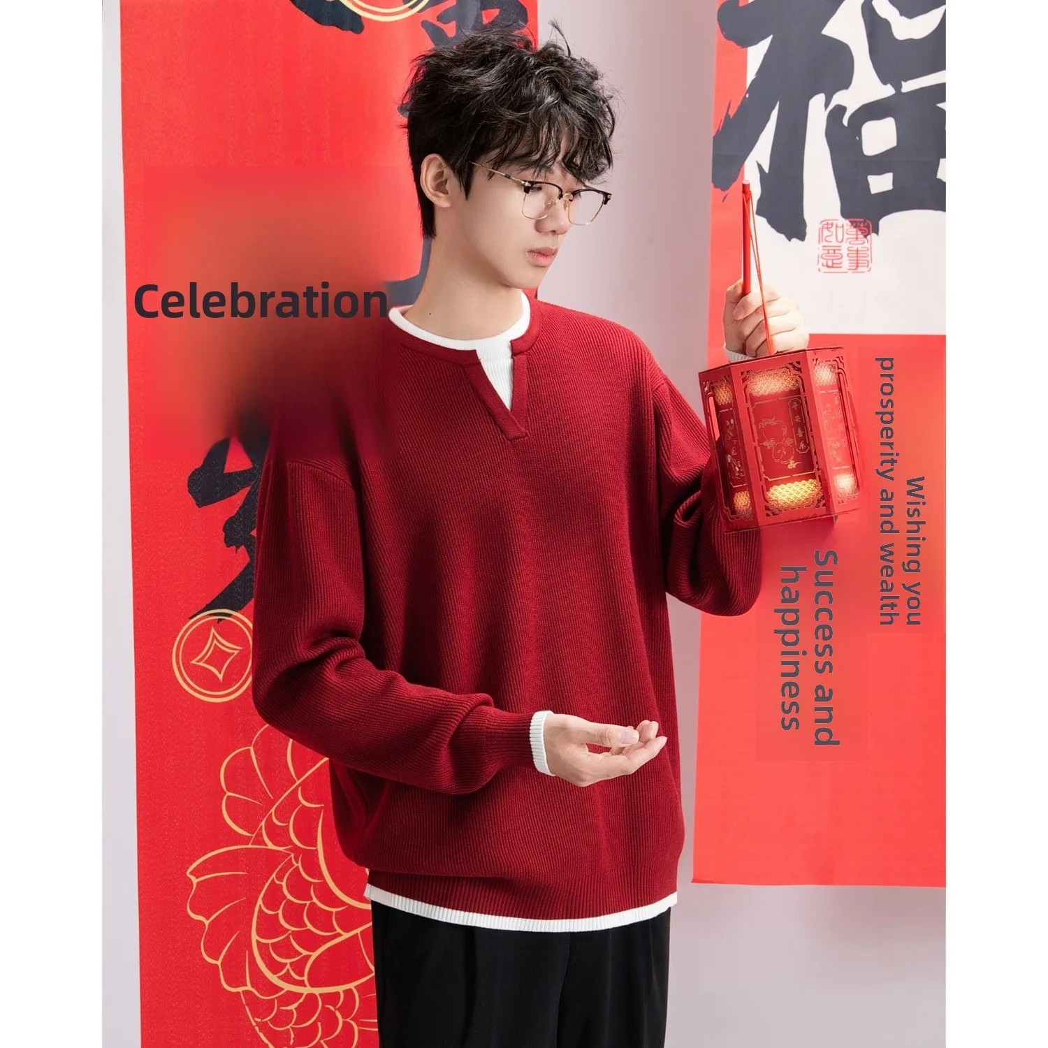 

Red New Year Cisas Men's Knitted Sweater Fake Two-Piece Color Blo Long Sve round Ne Polyester Casual Faion