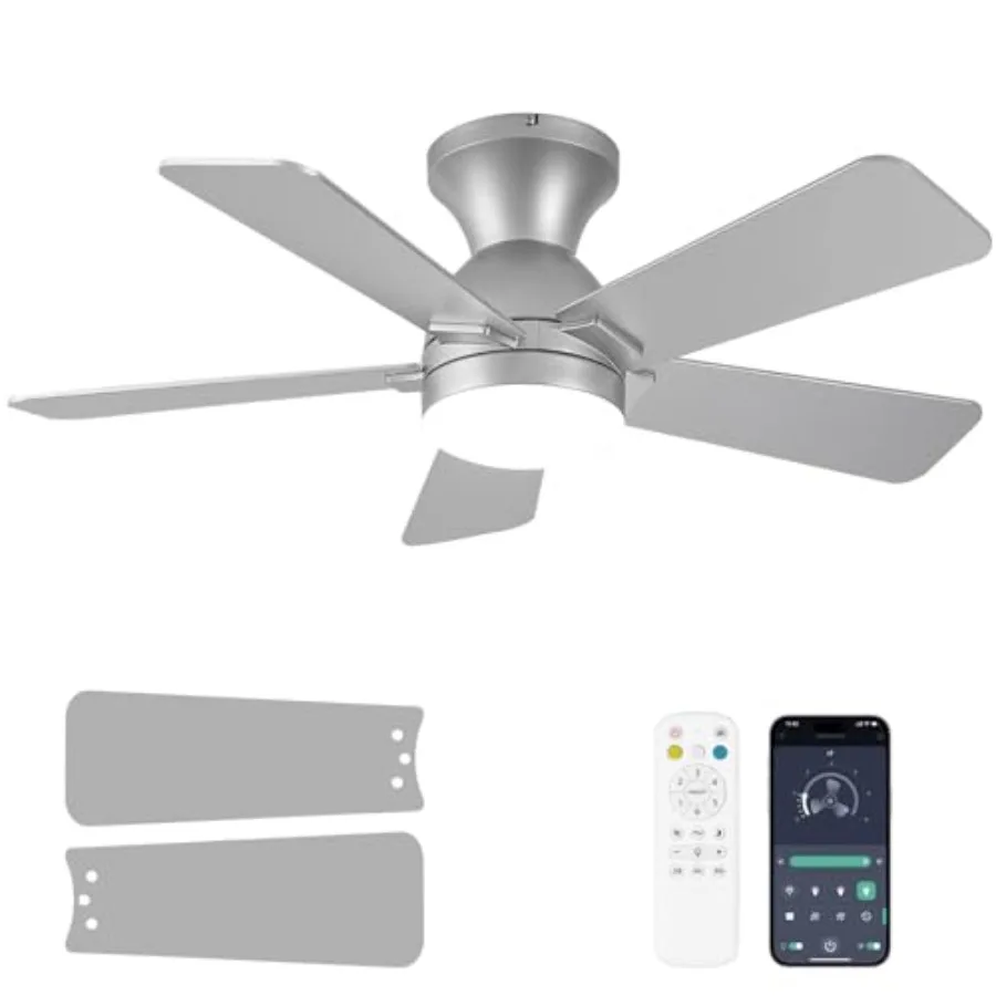

Ceiling fan with light for bedroom, kitchen, office: 36-inch low-profile flush mount nickel fan, reversible, 3CCT dimmable LED,