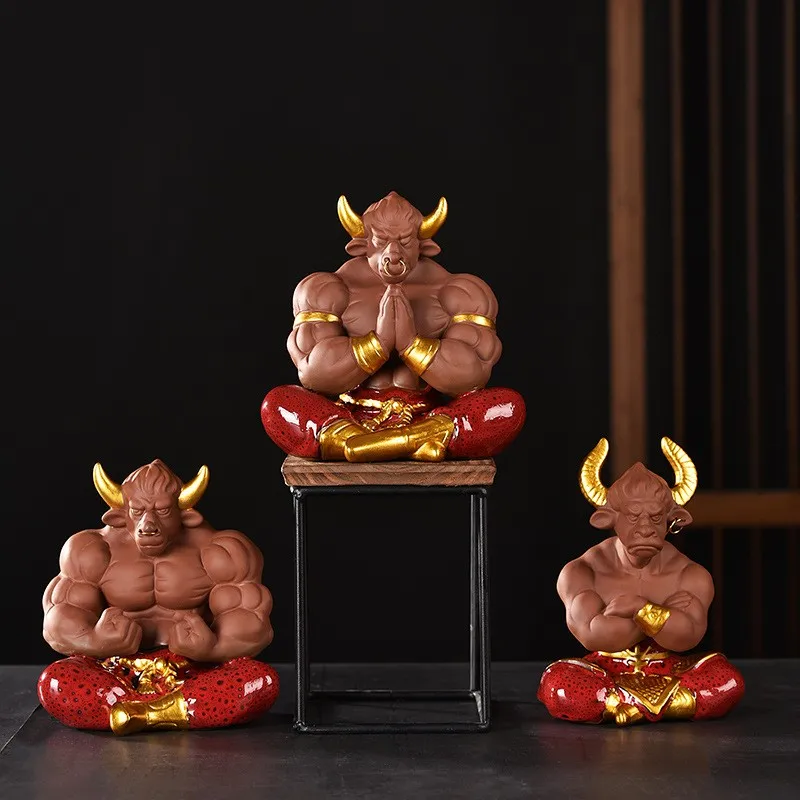 Ceramic Bull Devil King Ornaments Battle Warlord Statues Traditional Chinese Red Auspicious Accessories Living Room Office Decor