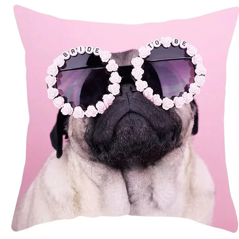 Decoración del hogar lindo Pug cachorro perro con accesorios de moda patrón funda de cojín para sofá dormitorio funda de