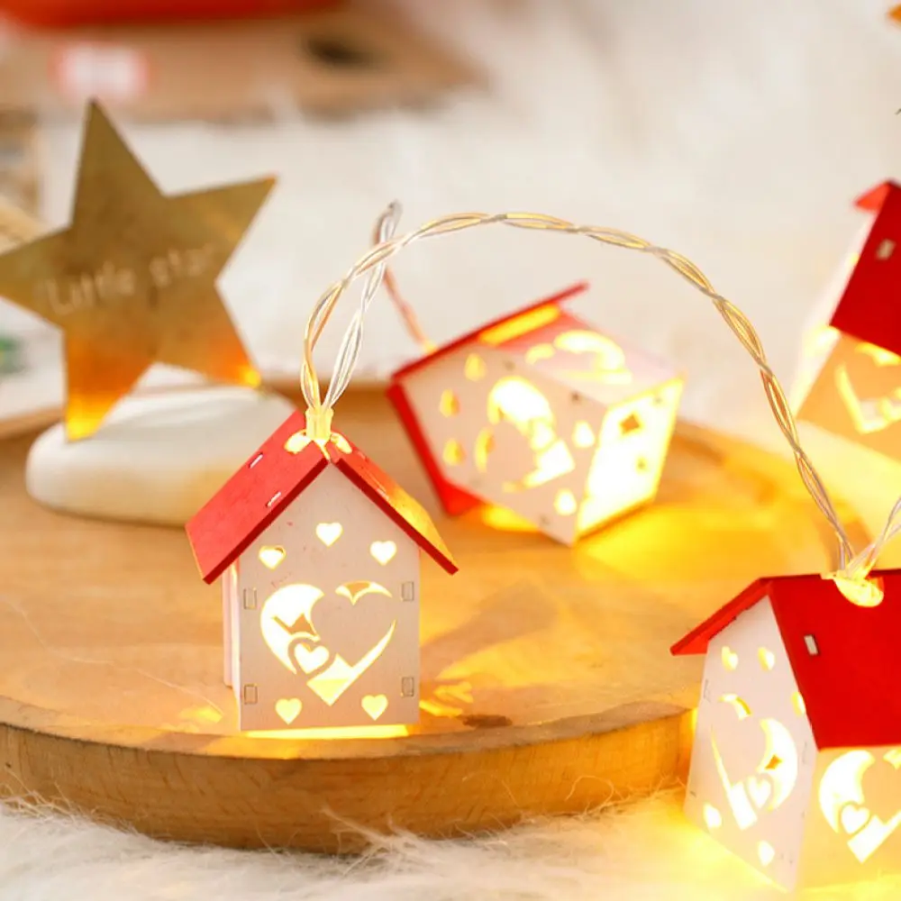 Decorative Wooden House LED String Lights For Christmas Tree Party Home Interior Festive Warm Fairy Lamp Holiday Hanging Decor