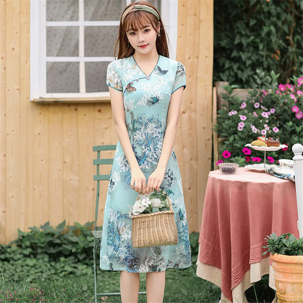 Summer Print Chiffon Daily AoDai Cheongsam Traditional Dress Slim Elegant V-Neck A-Line Qipao for Women