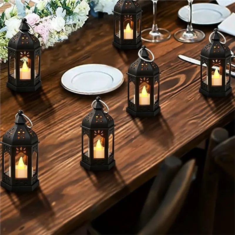 ABLN-6 Mini Lantern With Flickering LED Candles,Vintage Black Decorative Hanging Candle Lanterns For Halloween,Wedding
