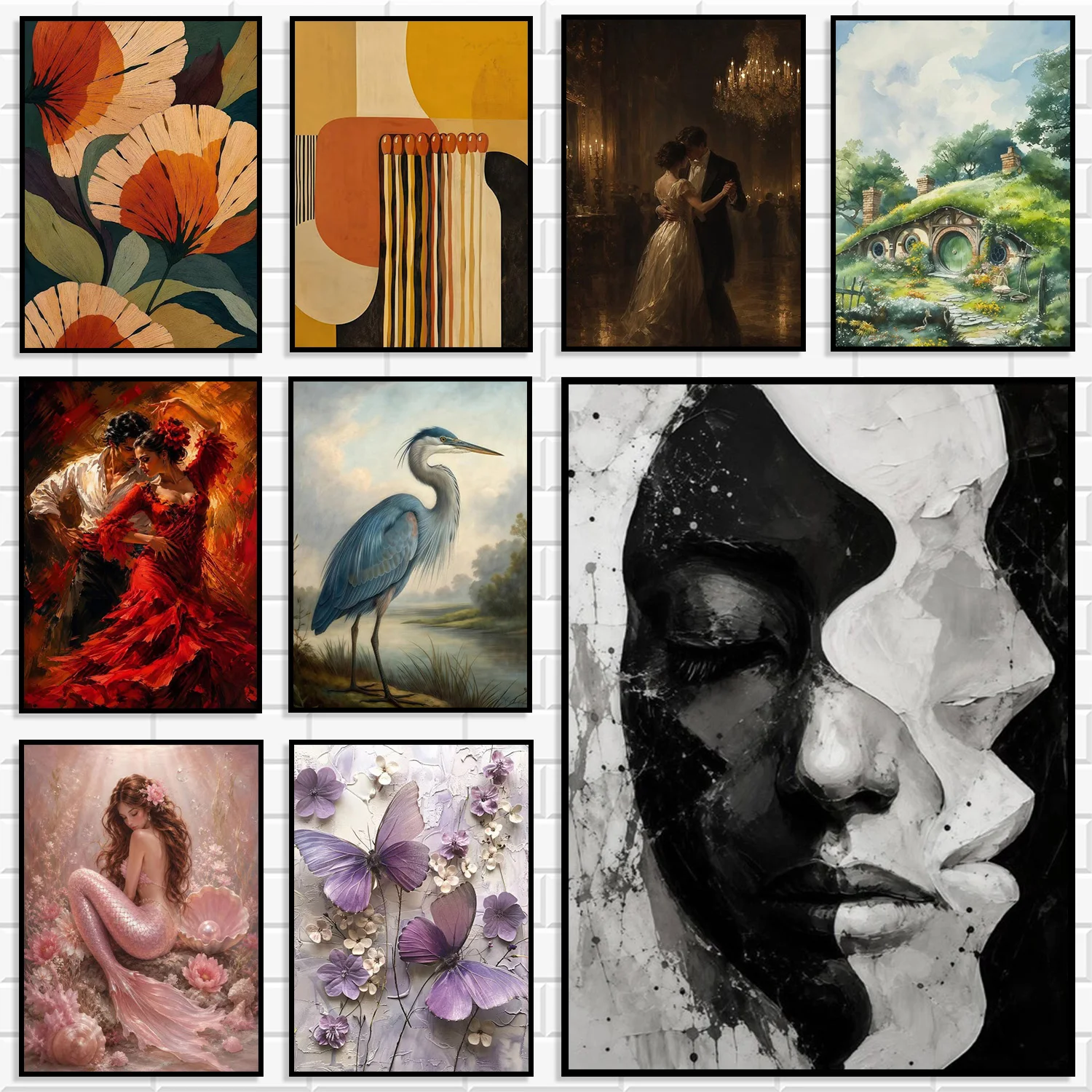 Modern Eclectic Style Canvas Poster Abstract Floral Mermaid Heron Dancer Hobbit House Face Portrait Wall Art for Home Decoration