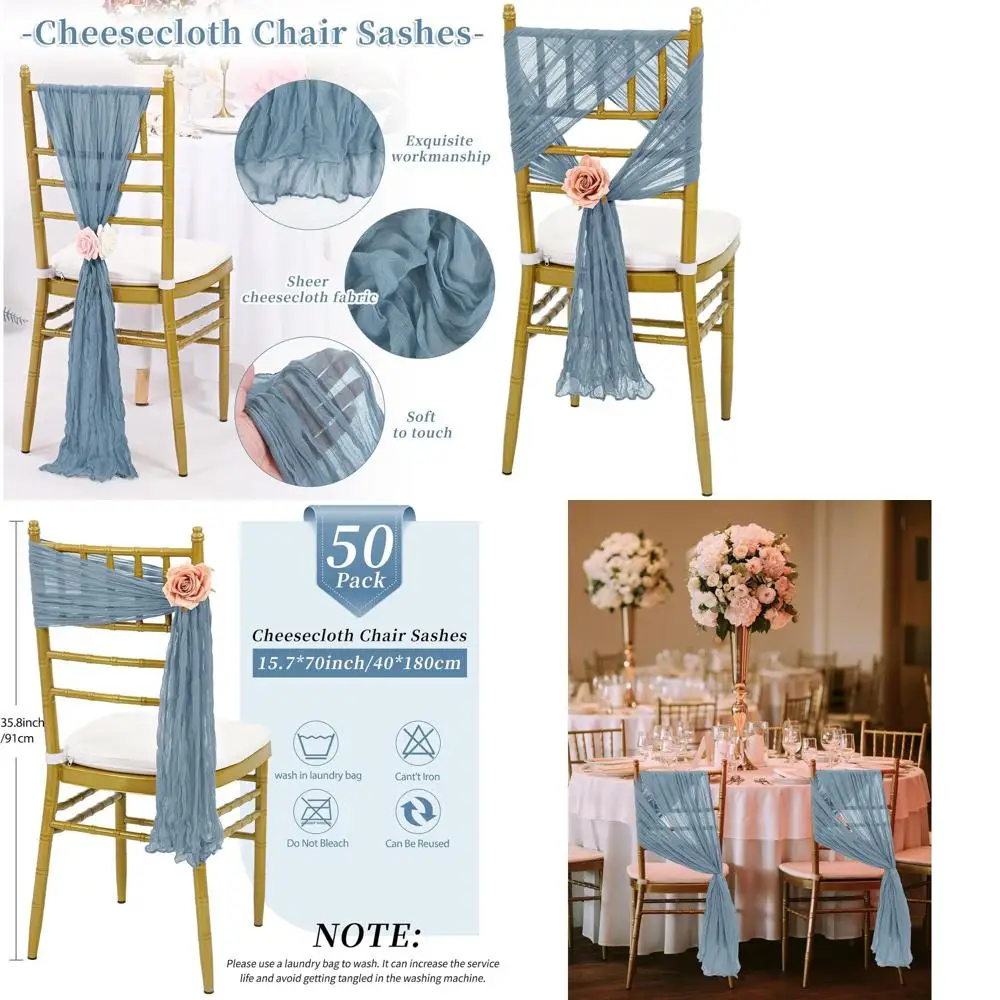 

Dusty Blue 50-Pack Chair Sashes with Bows, 15.7x70 inch, Ideal for Weddings, Banquets, and Parties