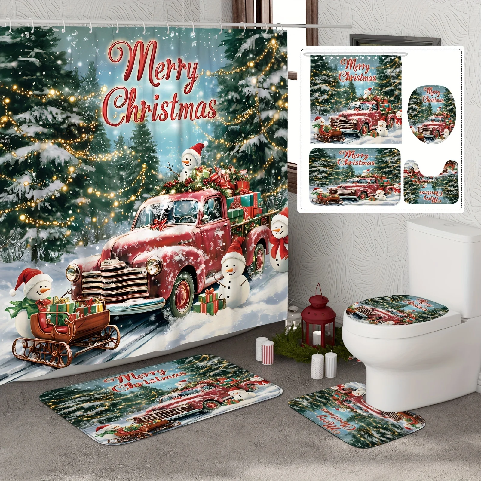 4PCS Merry Christmas Winter Shower Set, Snowman Truck Red Green Print, 12 Hooks, Non-Slip Mat, U-Seat Cover, Holiday Decor