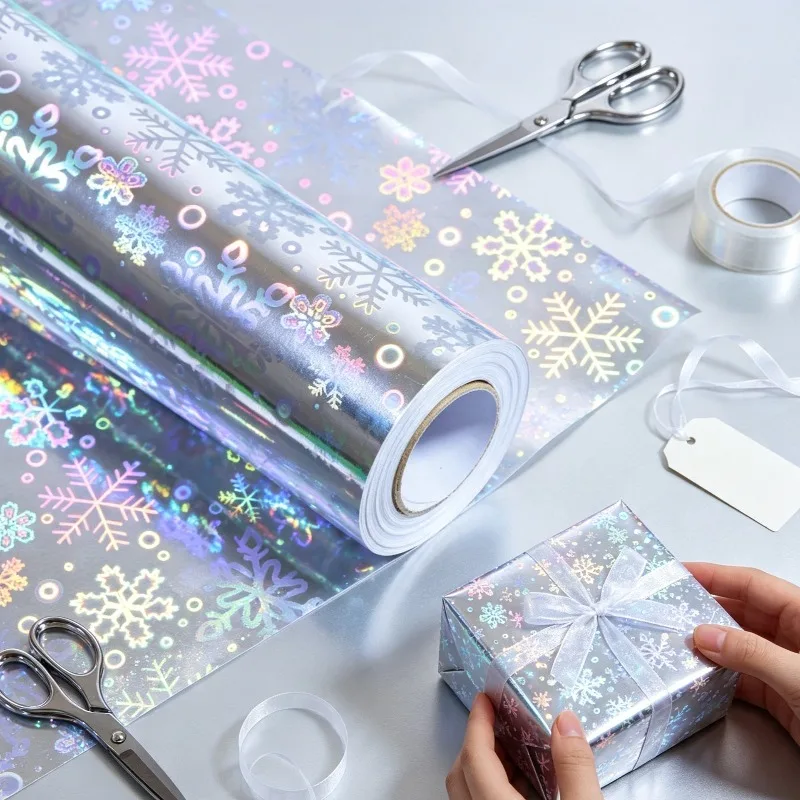 1 Roll Silver Gradient Snowflake Wrapping Paper, 17 X 118 Inch Metallic Holographic Snowflake Design, Gift Wrap for Birthday, Va