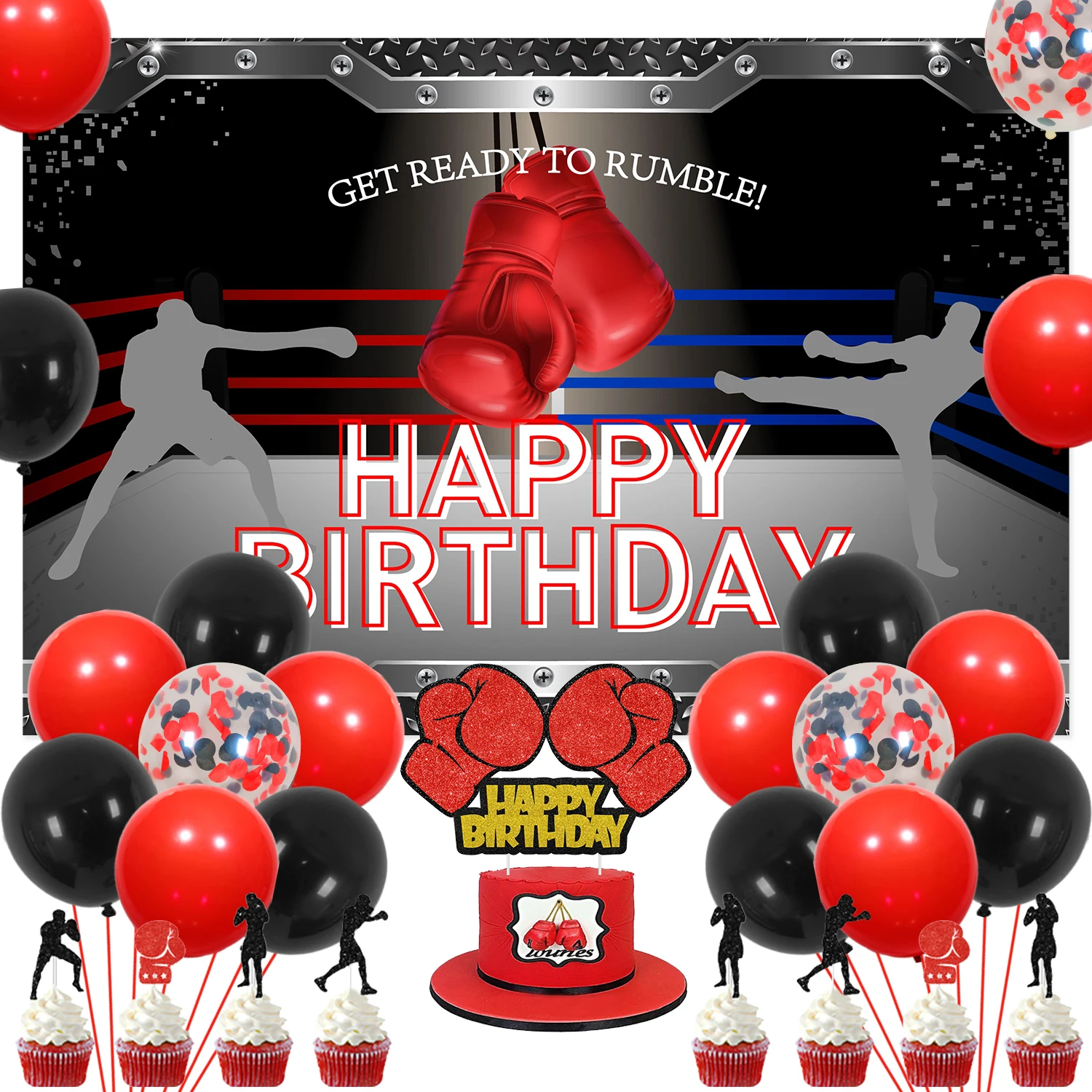 

Boxing Match Themed Birthday Party Decor Perfect for Boys Kids and Men Backdrop Balloons Cake Topper Party Supplies