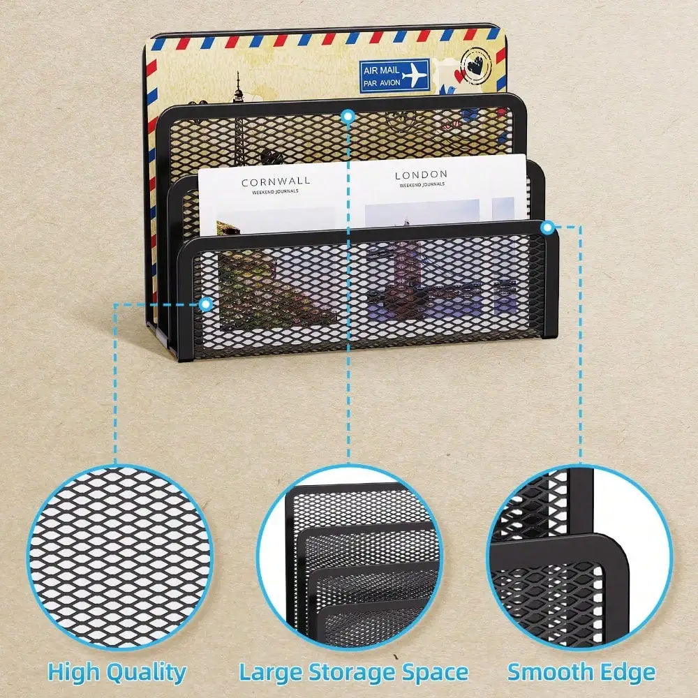 

Black Mesh Metal Mail Organizer For Desk Countertop, 3 Slot Letter Holder For Office Desktop Envelope And Document Storage Rack