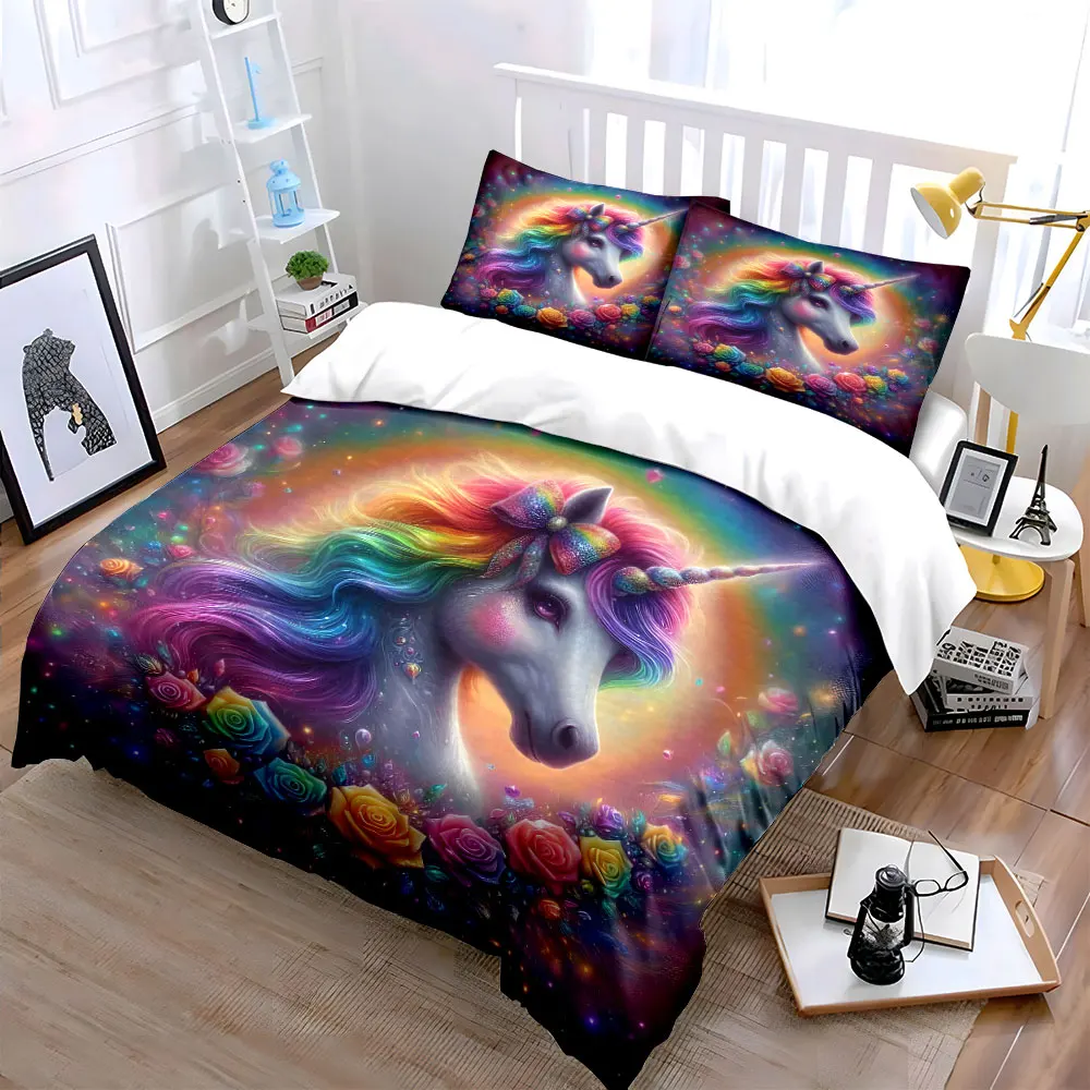 Enchanting Unicorn with Rainbow Flowers Bedding Set for Kids Luxury Gift 3pcs Digital Print Comforter Set Soft Comfortable