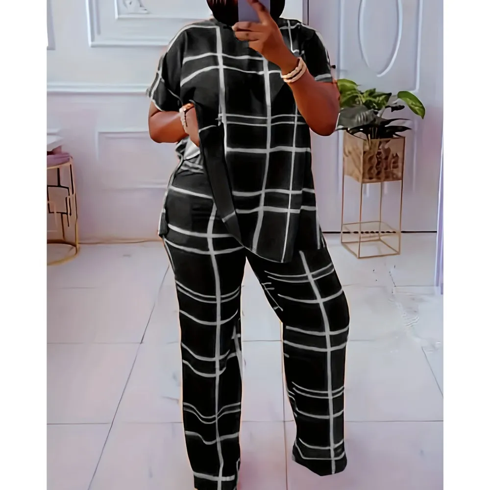 Spring Summer New Fashion Plaid Printed Short Sleeved V Neck Shirt Women Loose Simple Large Size Female Office Pants 2 Piece Set